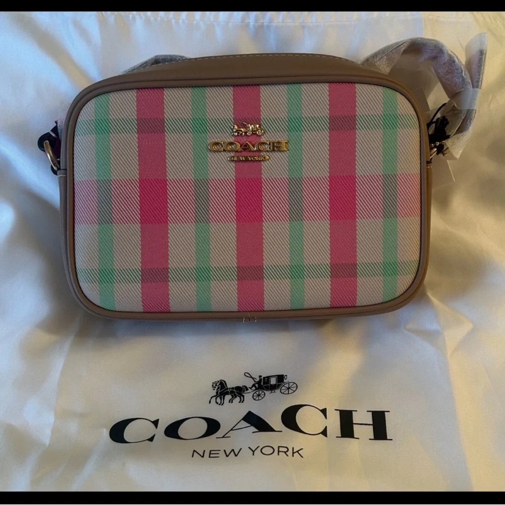 🌸 Coach NWT Mini Jamie Camera Bag With‎ Pink Plaid Print and Gold Hardware